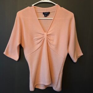 Magaschoni Cashmere Blend V-Neck Ruched Knot Sweater Baby Pink Medium Coquette